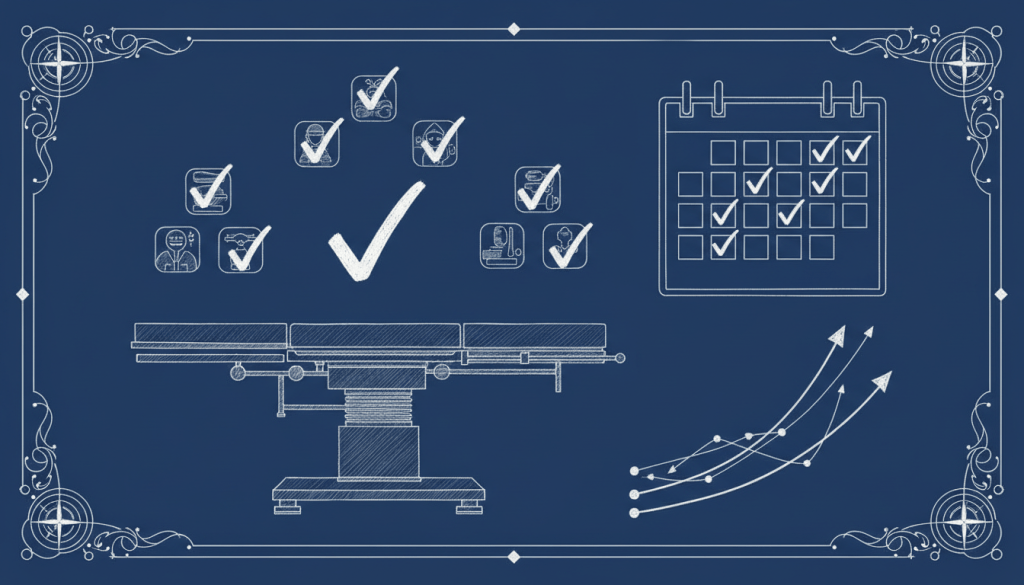 Blueprint-style illustration representing surgical case logging and progression over time.