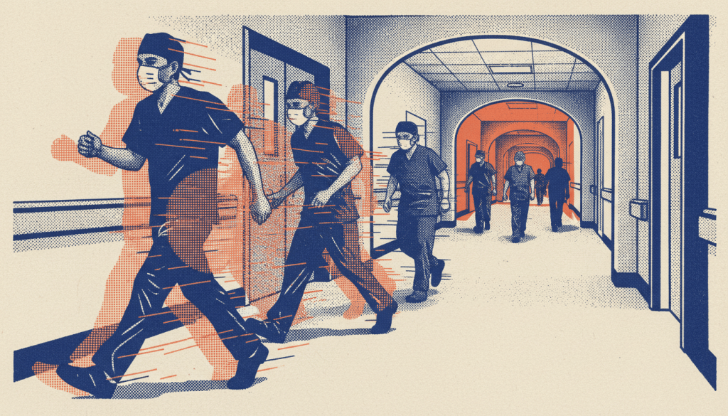 Risograph illustration of surgical residents moving at different paces, representing comparison in training.