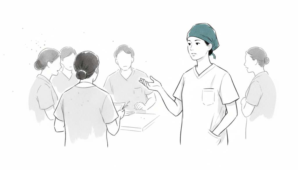 Ink-wash illustration of a surgical resident preparing to speak during a team discussion.
