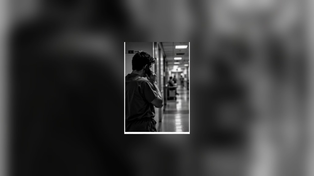 Surgical resident making a focused phone call in a hospital corridor