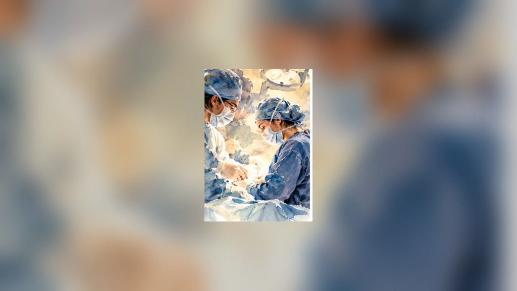 Watercolor-style scene of a junior surgical resident learning with the operating team