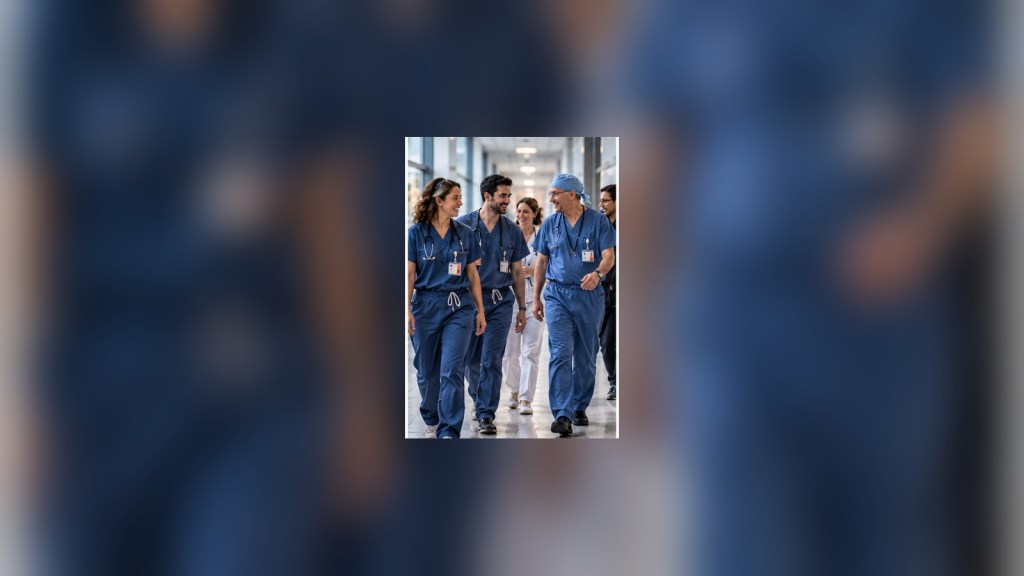 Candid surgical team walking together through a hospital corridor