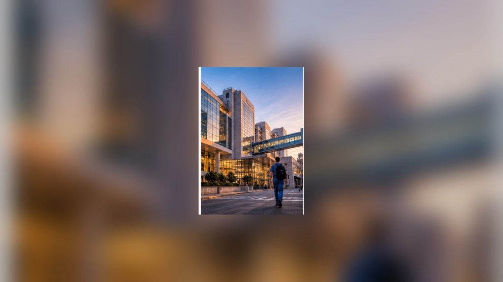 Modern American teaching hospital exterior at the start of a surgical training day