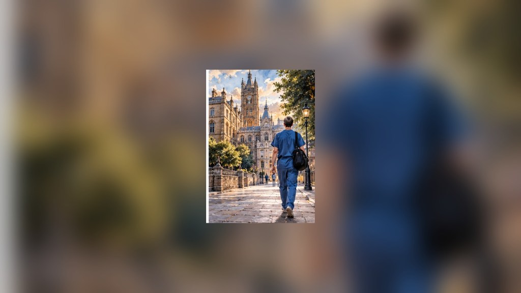 Surgical trainee walking toward a historic British teaching hospital setting