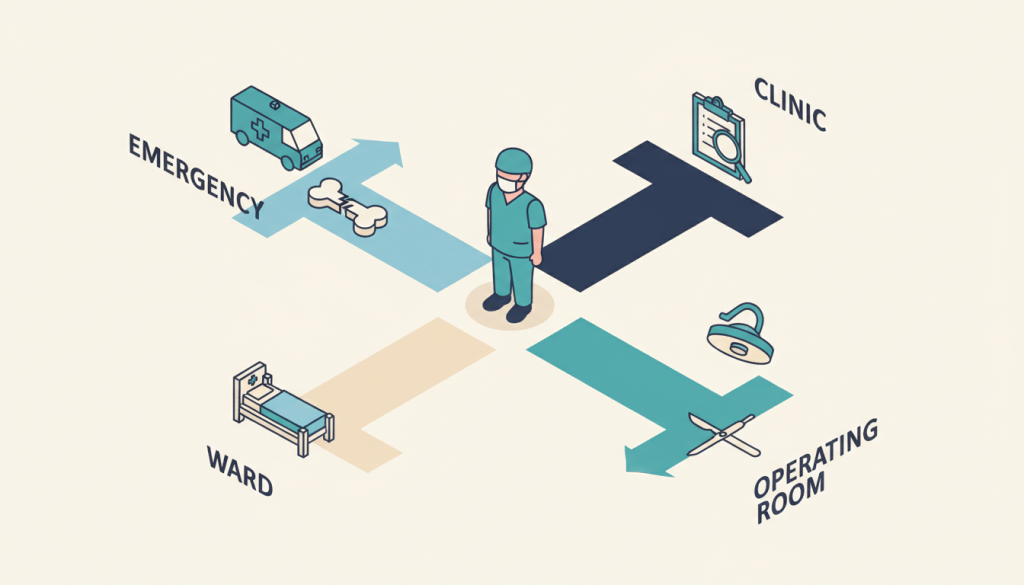 Isometric illustration of a surgical resident coordinating several simultaneous consults.