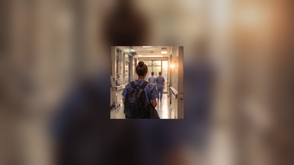 New surgical resident walking into a bright hospital corridor at the start of training