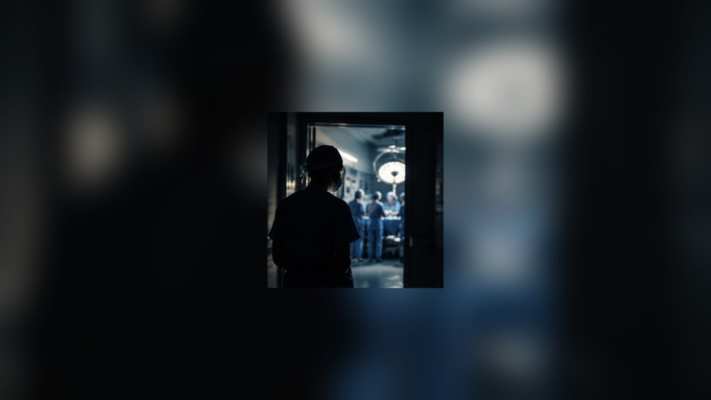 Surgical resident standing quietly outside a lit operating room before a demanding shift