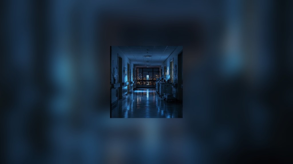 Empty hospital corridor at night with cool blue lighting and a distant city view
