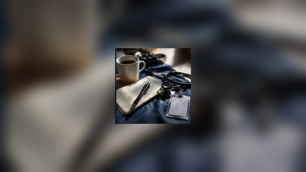 Close-up of a resident work setup with notebook, pen, ID badge, stethoscope, and coffee