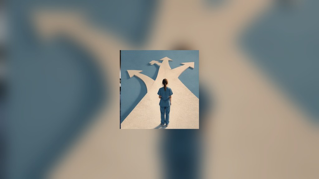 Conceptual image of a surgical resident facing several branching paths and uncertain choices