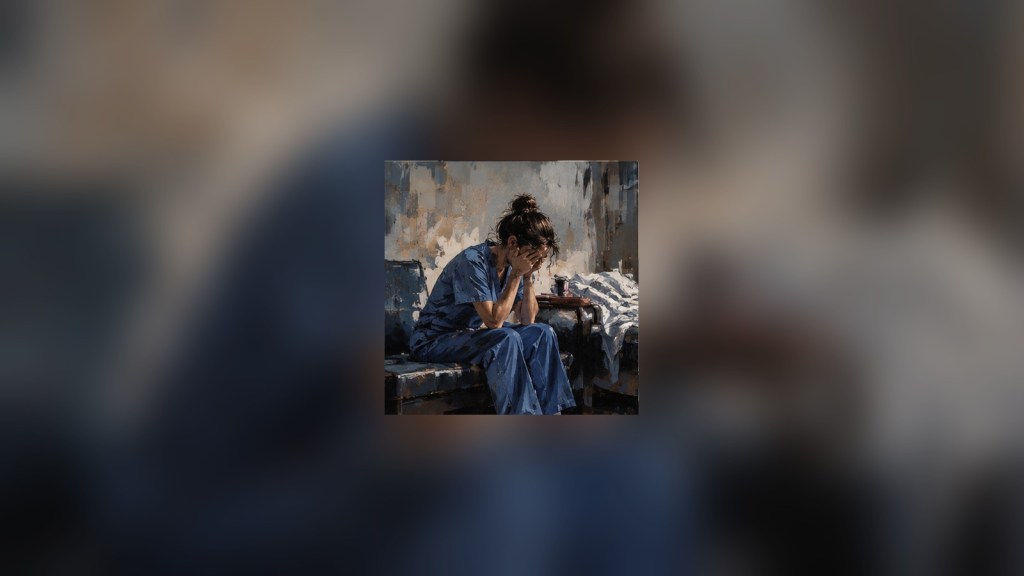 Painterly scene of an exhausted surgical resident sitting quietly after a demanding shift