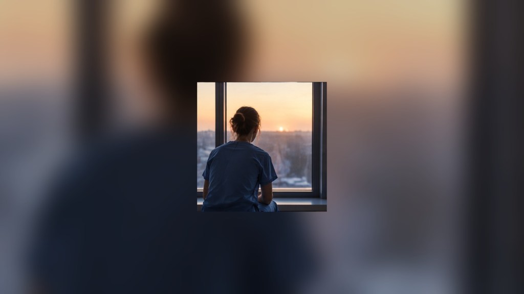 Surgical resident looking through a hospital window at sunrise after a long period of training