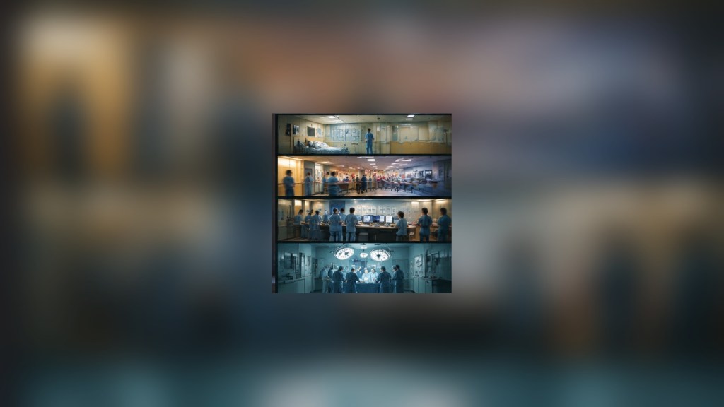 Editorial montage of ward work, emergency care, team coordination, and an operating room