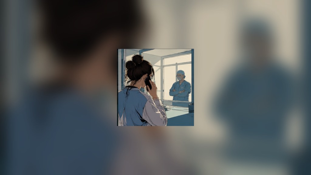 Illustrated surgical resident on the phone speaking with a senior colleague through a glass partition