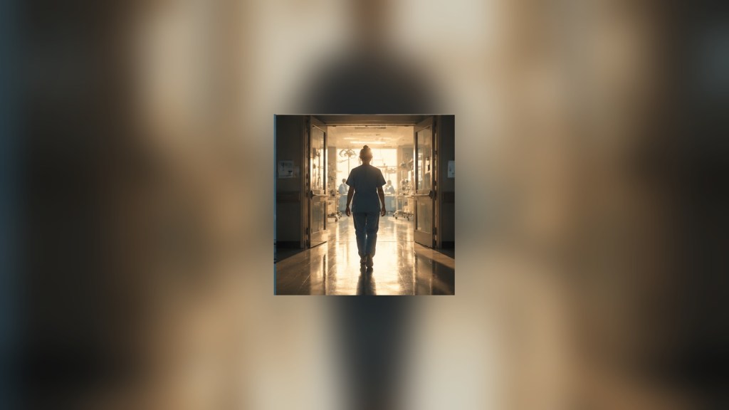 Surgical resident walking toward a bright operating area at the end of a long hospital corridor