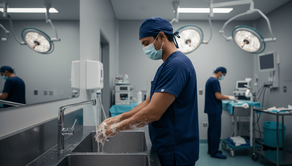 Surgical trainee preparing for clinical work in a teaching hospital