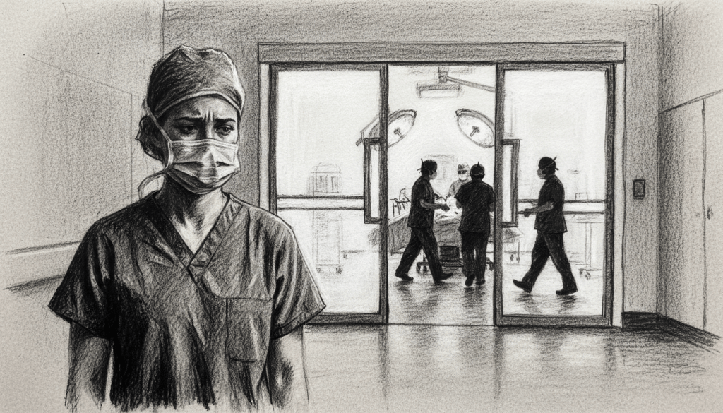 Charcoal illustration of a surgical resident outside an operating room, representing imposter feelings.