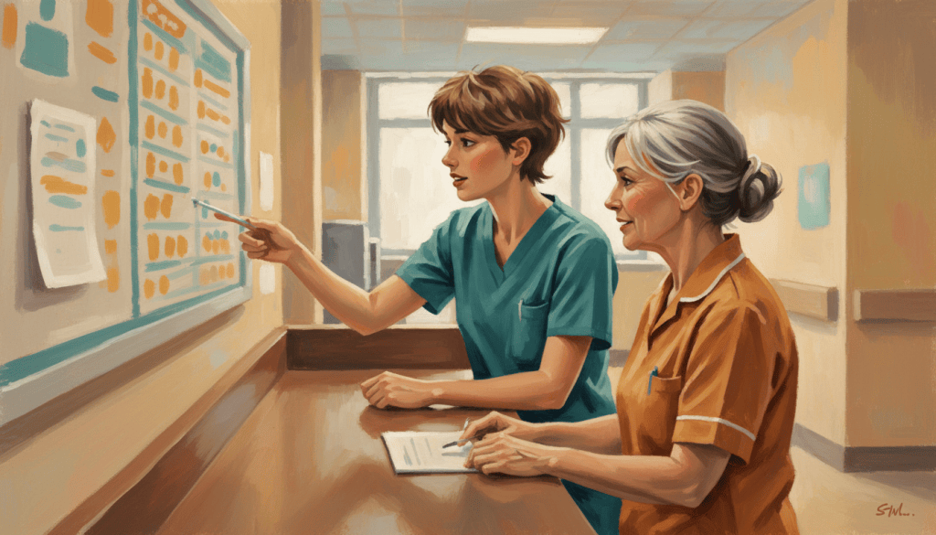 Gouache painting of a surgical resident and nurse collaborating at a ward desk.