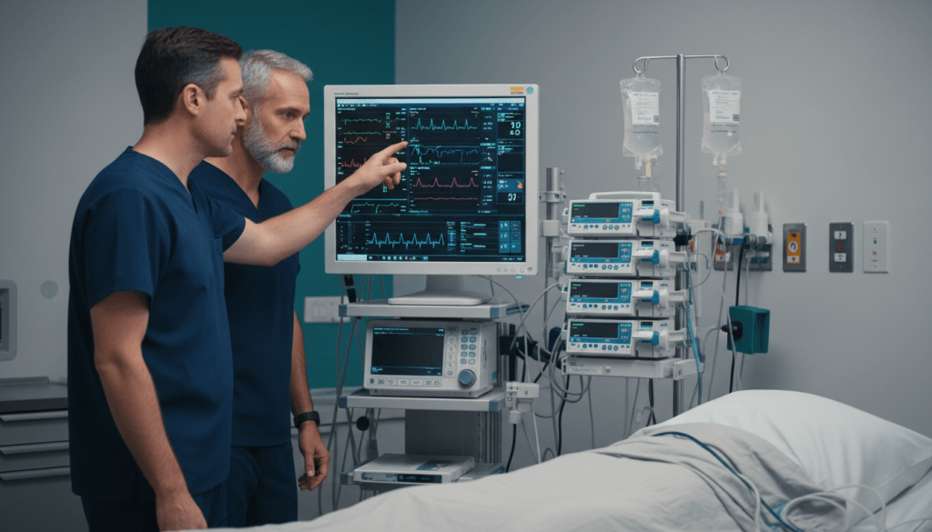 Surgical resident and senior physician reviewing clinical trends together, showing learning through shared work.