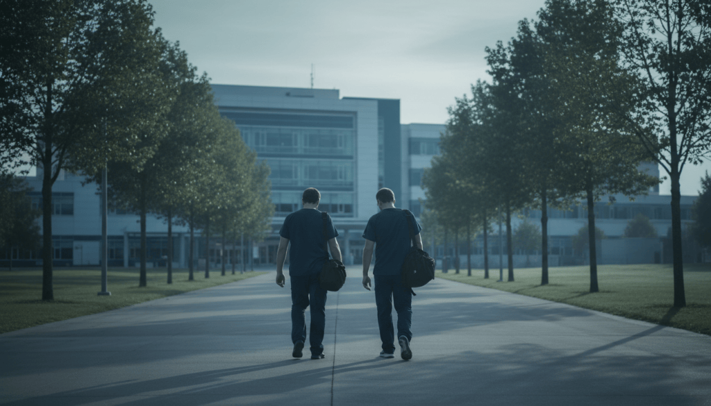 Two surgical residents leaving the hospital in early morning light after overnight clinical work