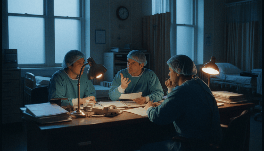 Surgical team handing over at dawn beside a quiet ward desk.