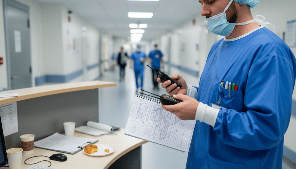 Surgical resident organizing multiple ward calls and tasks at a hospital workstation.