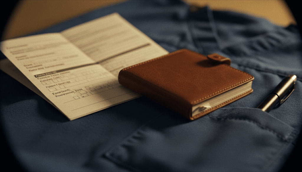 Pocket notebook, pen and scrub pocket arranged as a resident workflow tool.