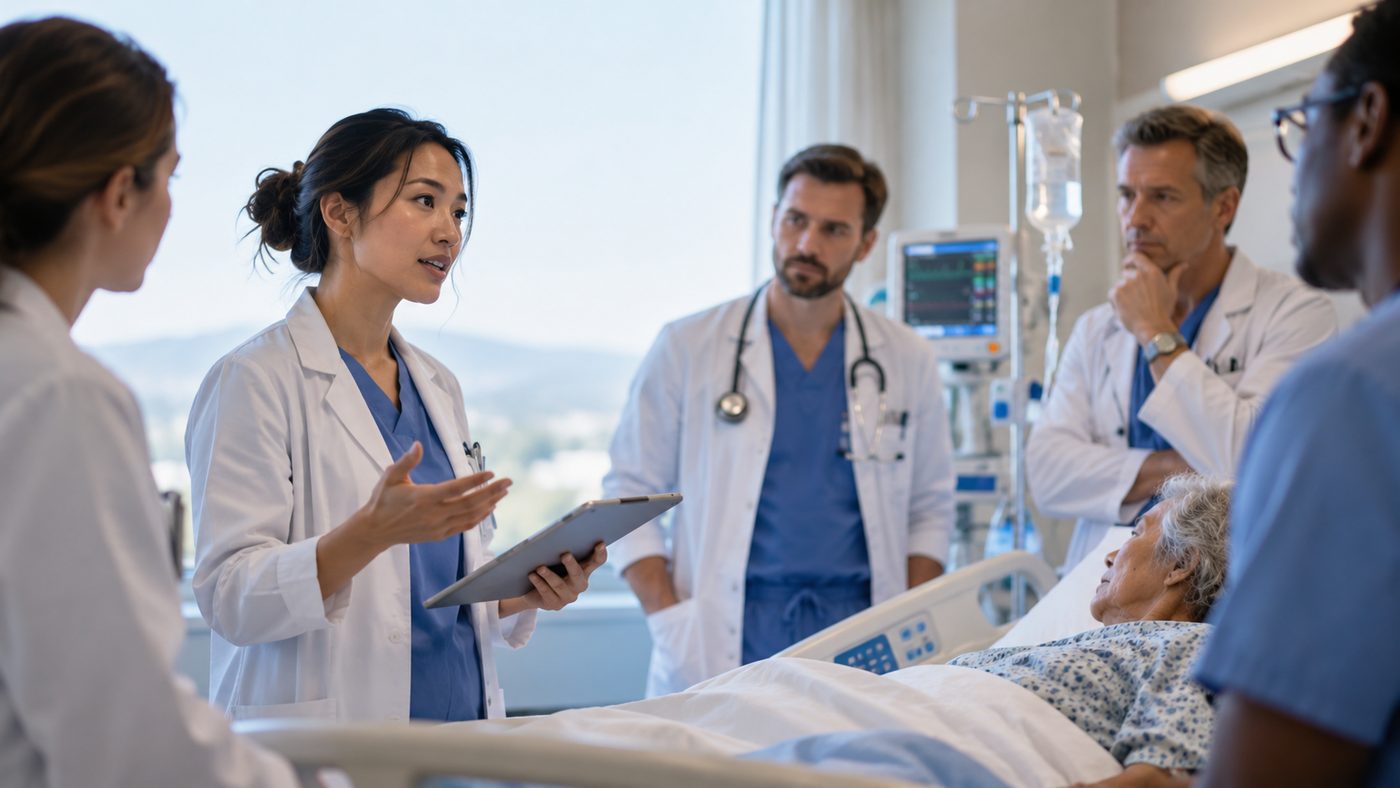 Surgical resident teaching a concise clinical point to the team during ward rounds.