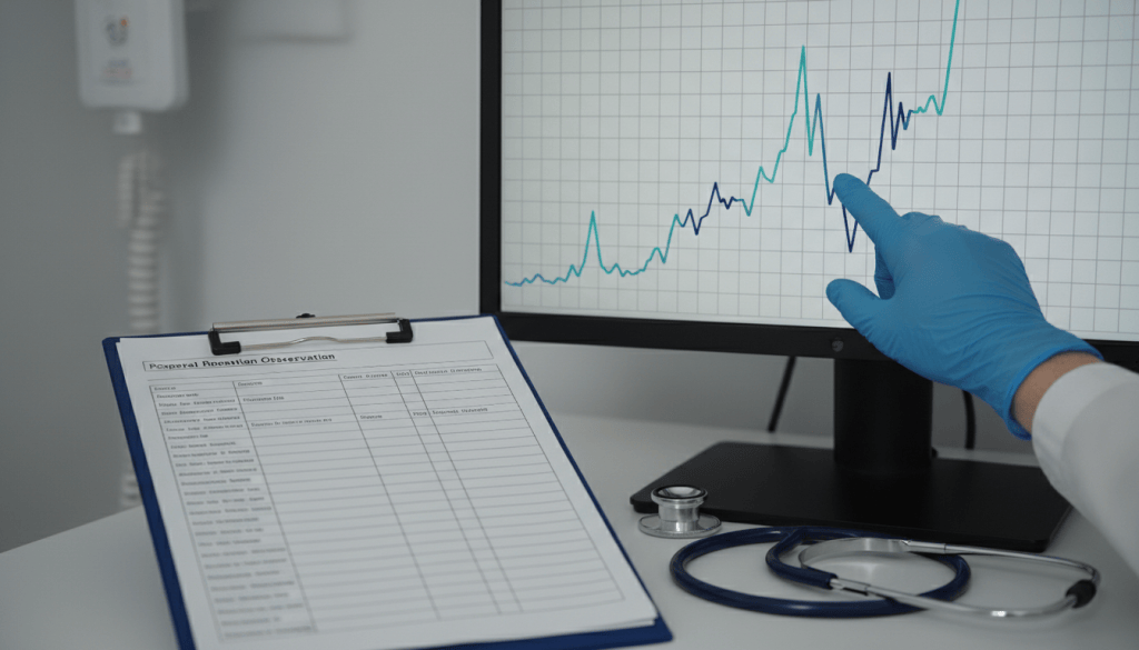 Clinician reviewing postoperative vital-sign trends before making a ward-round decision.