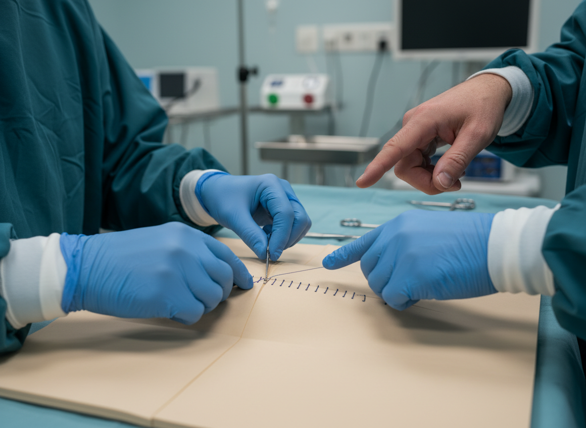 Gloved surgical hands practicing a technical step under supervision before applying it in the operating room.