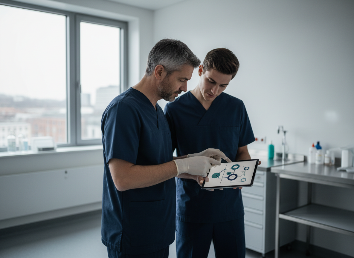 Senior and junior surgical trainees discussing feedback after a clinical learning experience.