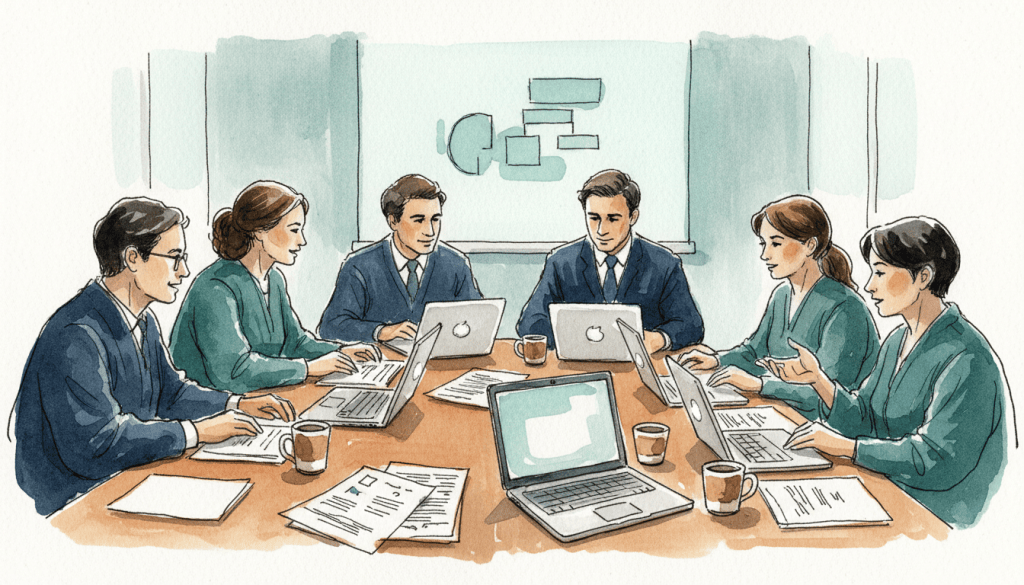 Watercolor illustration of surgical residents discussing papers at journal club.