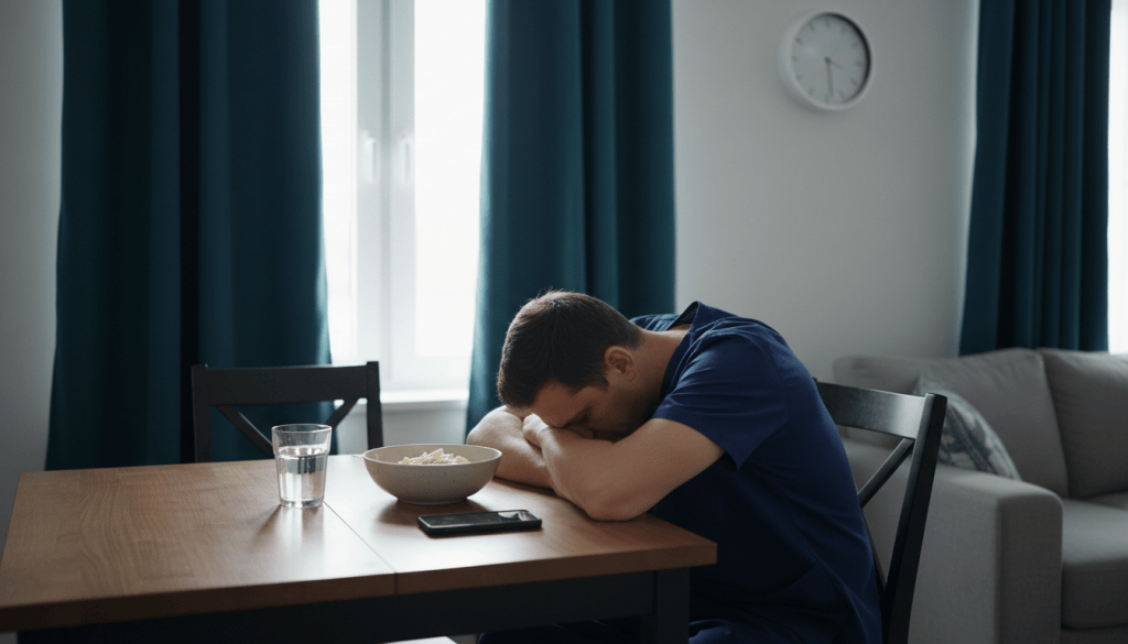 A surgical resident winding down at home after a demanding shift.