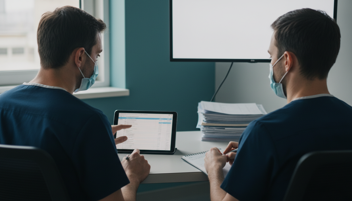 Surgical resident and senior surgeon reviewing a clinical plan together before a procedure.