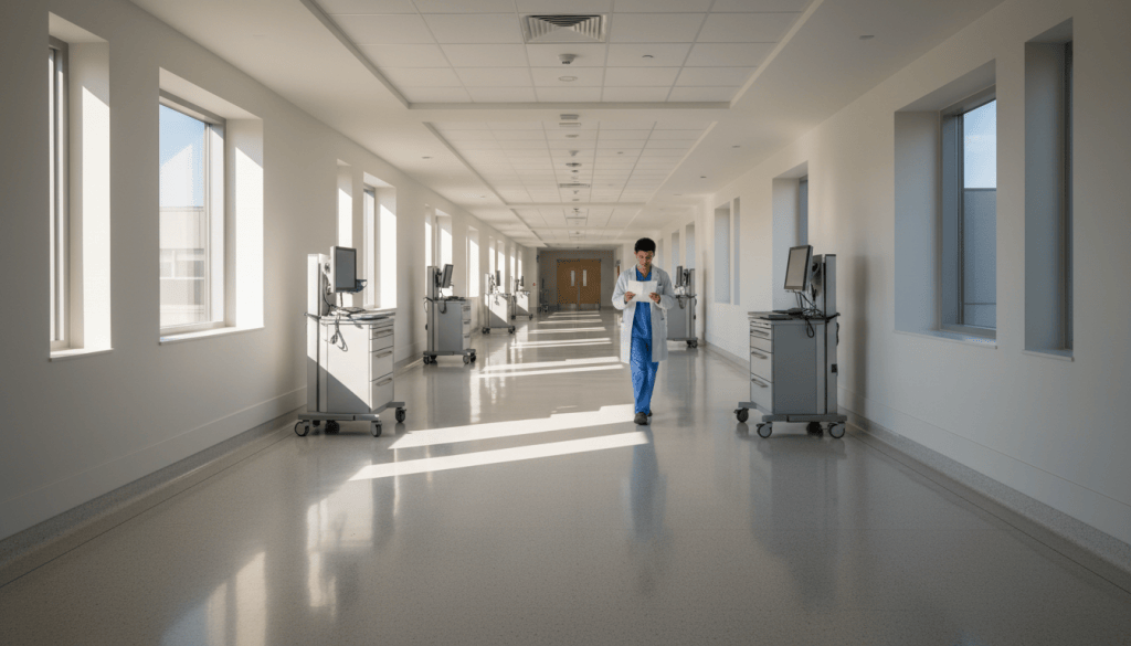 Quiet surgical ward on a weekend morning with one resident walking the corridor.
