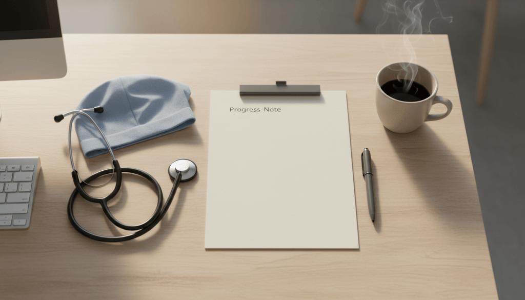 Organized surgical ward workstation with note paper, stethoscope, keyboard and scrub cap.